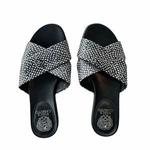Vince Camuto Black White Polka Dot Snakeskin Leather Slide Sandals
